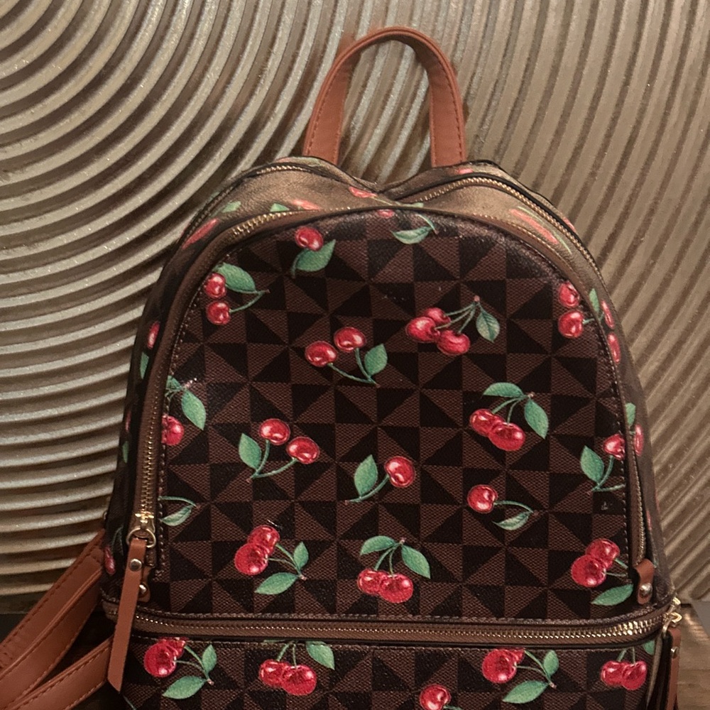 Cherry Patterned Brown Backpack - image 1